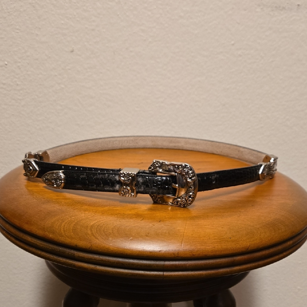 JG Hook Belt Croc Black Womens Genuine Leather Silver Ornate Size M/L 39" long